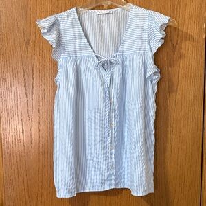 Women's Medium Staccato Light Blue Striped Blouse with Ruffle Sleeves
